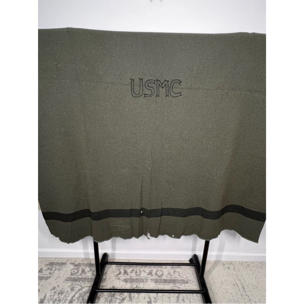 Vintage USMC Embroidered Wool Field Blanket Green Stripe 74” long x 59” wide